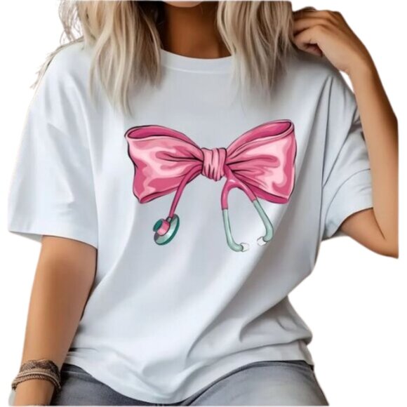 Coquette Pink Bow Stethoscope NEW white short sleeve shirt - Picture 1 of 2
